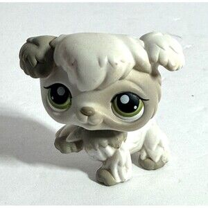 Vtg Littlest Pet Shop Poodle #203 LPS White Grey Puppy Dog With Green Eyes 2004
